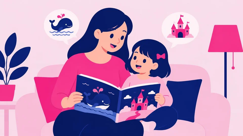 Mama czyta po angielsku książkę z wielorybem i zamkiem swojej córeczce, siedząc razem na różowej kanapie.